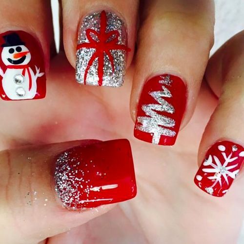 Picture Of red Christmas nails with a snowman, a gift wrap, a tree .