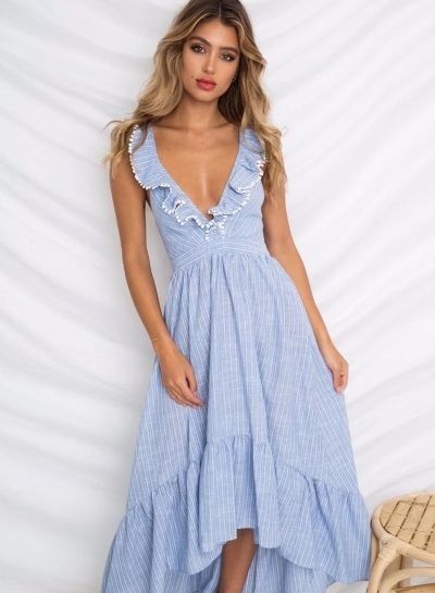 Beautiful striped blue with white stripes deep V neck long summer .