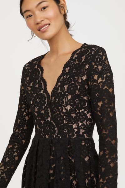 Lace V-neck Dress - Black - Ladies | H&M US | V neck dress .