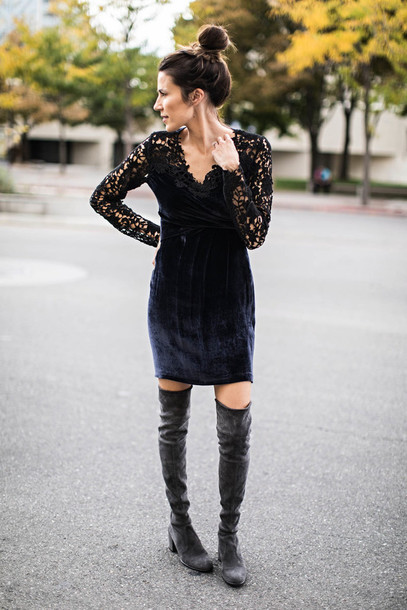 dress, tumblr, blue dress, velvet, velvet dress, lace dress, grey .