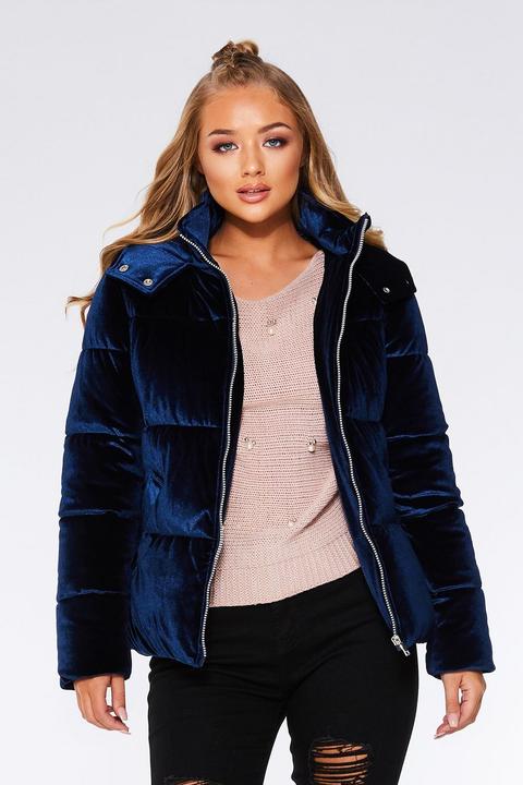 Navy Velvet Puffer Jacket from Quiz on 21 Butto