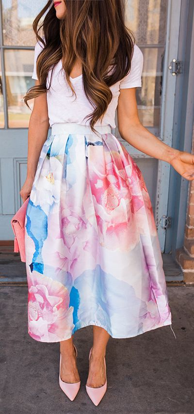 Bloom in Watercolor Printed Midi Skirt | Fashion, Wedding guest .