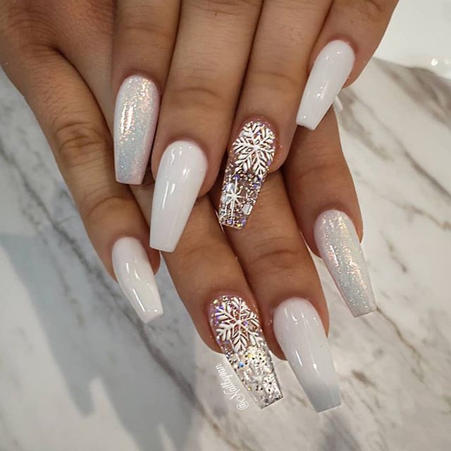 mismatched white nails, snowflake nail art designs ,winter nails .