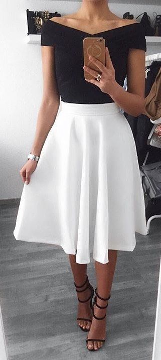 spring #outfits Black Off The Shoulder Top + White Skirt + Black .