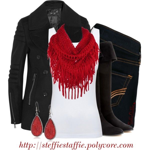 Black Peacoat & Red Fringe Scarf (With images) | Fashion, Cute .