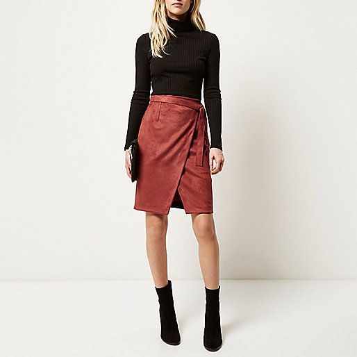 Rust brown faux suede wrap skirt - midi skirts - skirts - women .