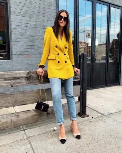Who knew a yellow double-breasted blazer would be so versatile .