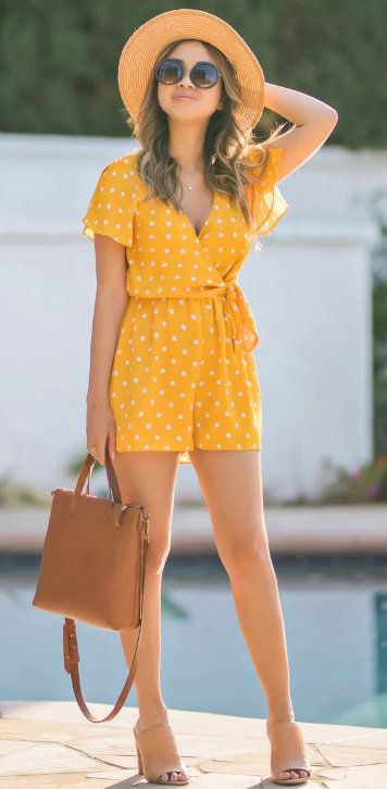 Yellow polka dot romper | Summer romper outfit, Polka dot romper .