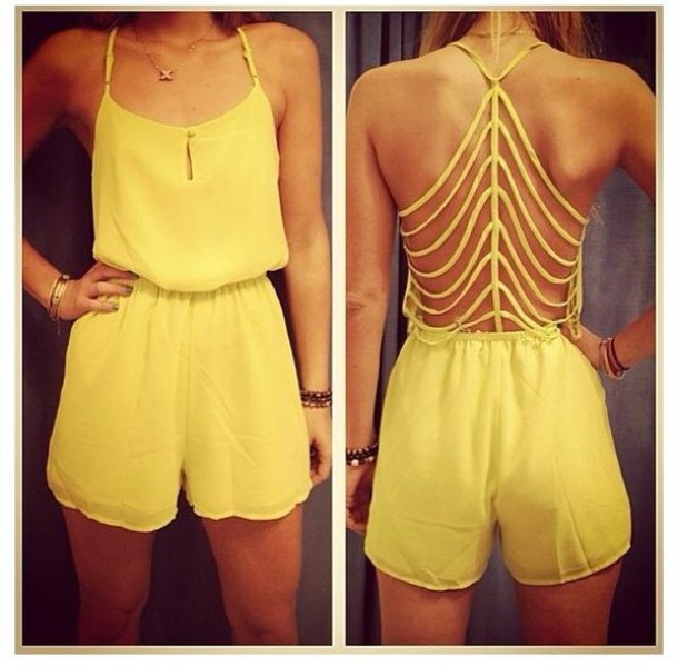 shorts, yellow, combi, combishort, romper, dress, cut-out, girly .