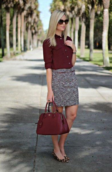 burgundy button up shirt tweed pencil skirt
