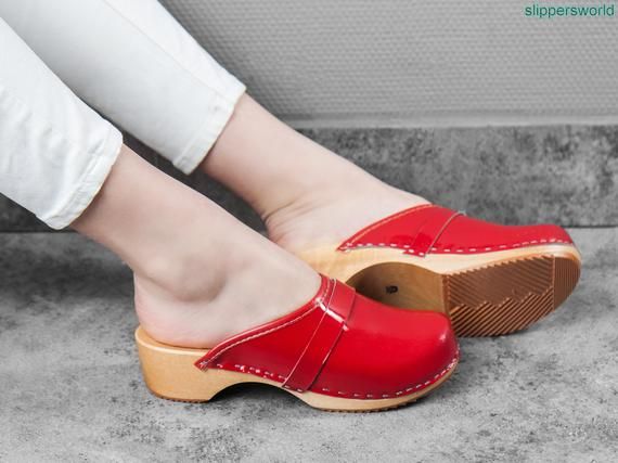 Red leather shoes for women, ruby ​​sandals with wooden soles.