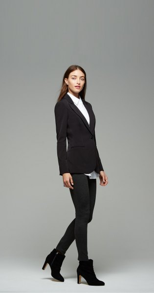 white button down shirt, black blazer and heeled ankle boots