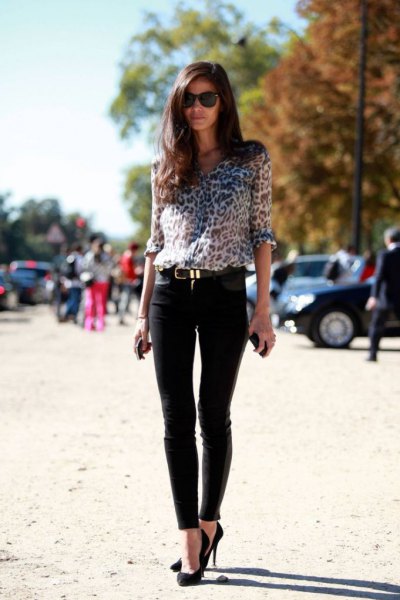 Leopard print blouse, slim suit trousers and ballet flats