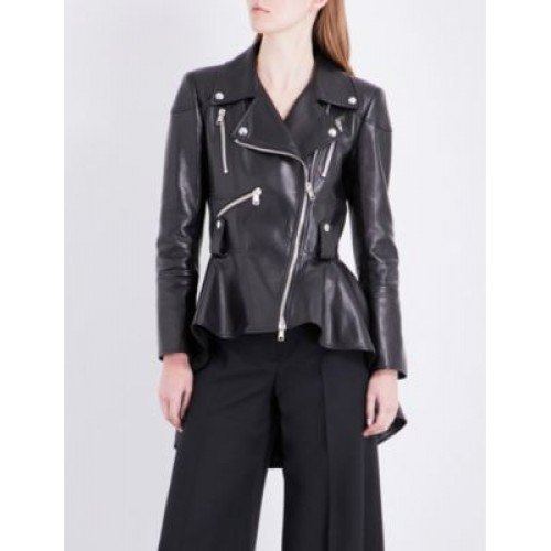 black peplum leather jacket with wide leg chinos