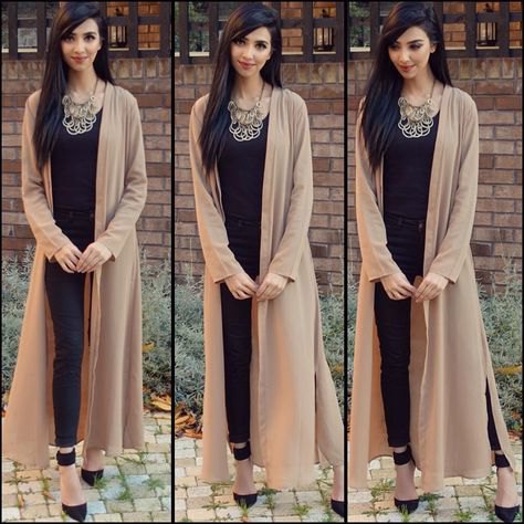 Blush pink maxi cotton jacket with black waistcoat and statement necklace
