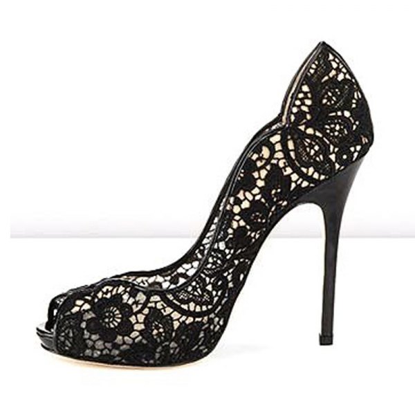 Floral Embroidered Lace Heels with a Black Bodycon Midi Cocktail Dress
