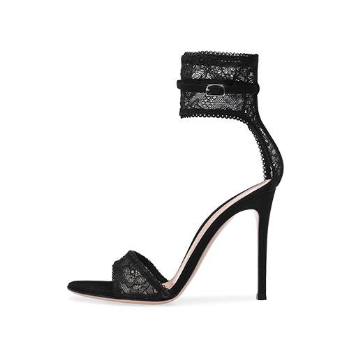 Open toe ankle strap and black lace heels with mini shift slip dress