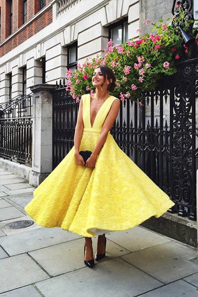 Yellow Lace Fit and Flare Deep V-Neck Midi Dress with Black Heels