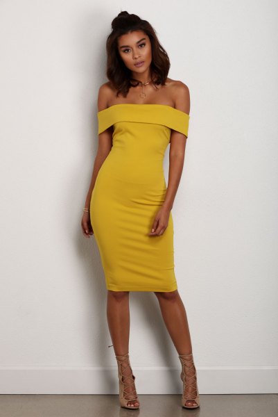 Off the shoulder yellow midi dress with light pink strappy sandals