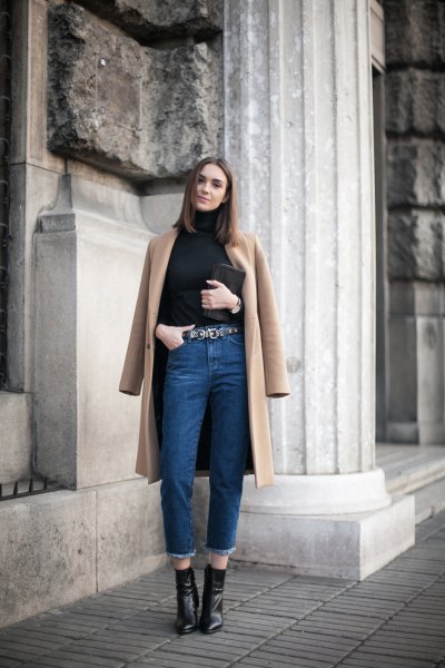 Long Brown Wool Coat Mom Jeans Outfit