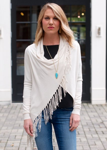 white t-jeans with white fringed wrap