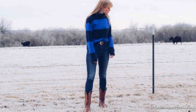 Royal blue striped sweater with brown square suede mid-calf boots