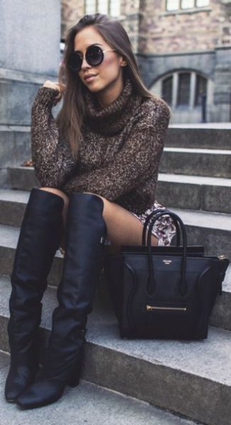 gray turtleneck with printed mini skirt and square toe boots over the knee