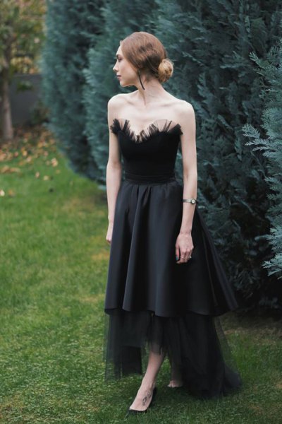 Black Faux Feather Strapless Fit and Flare High Low Party Dress