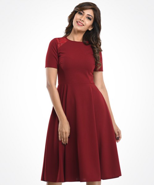 Red Fitted Flared Short Sleeve Dress