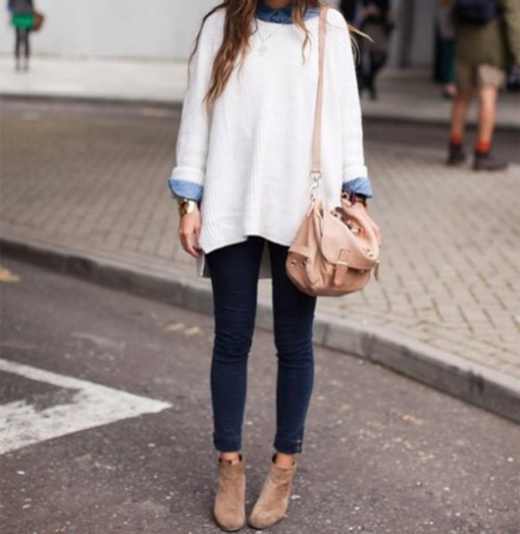 white chunky oversized sweater with light blue chambray button down shirt