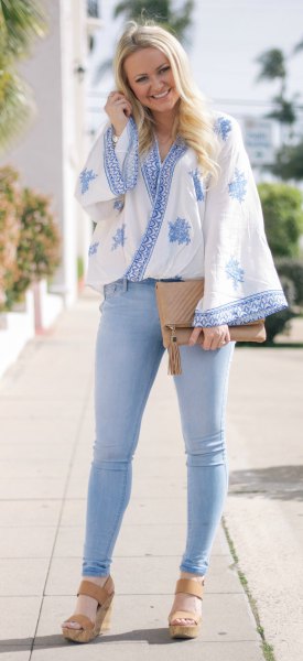 Japanese style blue and white draped top