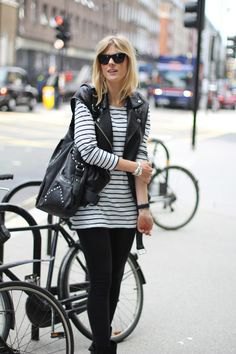 black and white striped long-sleeved tunic top with biker vest
