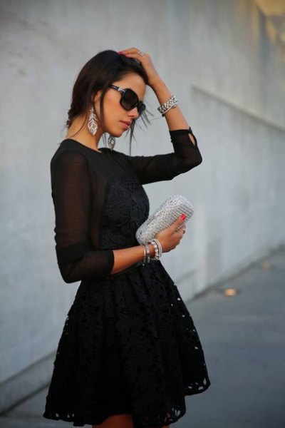 Black Flare Fit Flared Chiffon Long Sleeve Mini Dress with a Silver Clutch Wallet