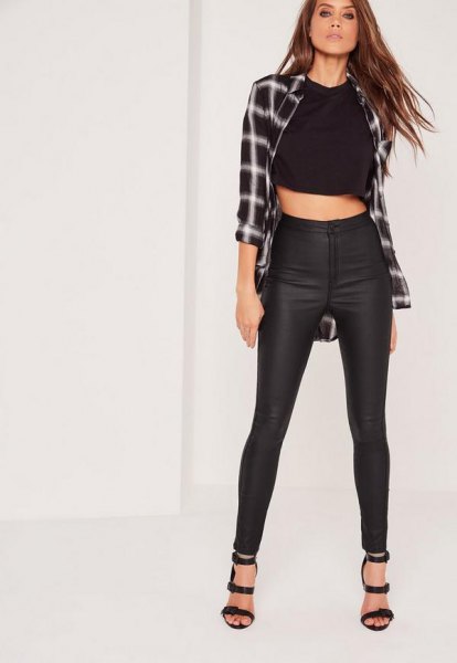 Check boyfriend shirt cropped tee paired with black high waisted waxed skinny jeans