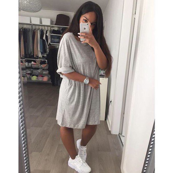 light heather oversized t-shirt dress with white sneakers