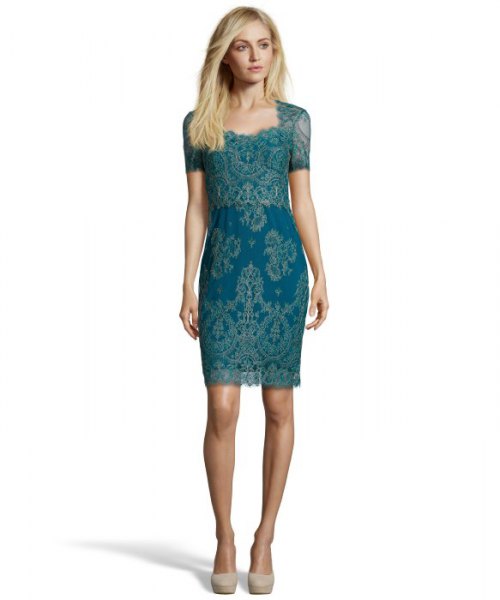 teal short sleeve lace cocktail dress