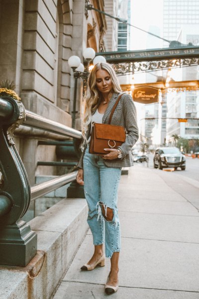 gray checked blazer with white vest top and blue ripped boyfriend jeans