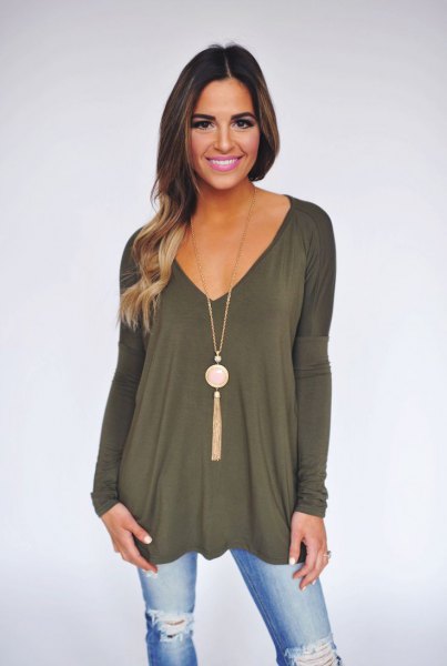 Green boho style long sleeve tunic top with V-neckline and necklace