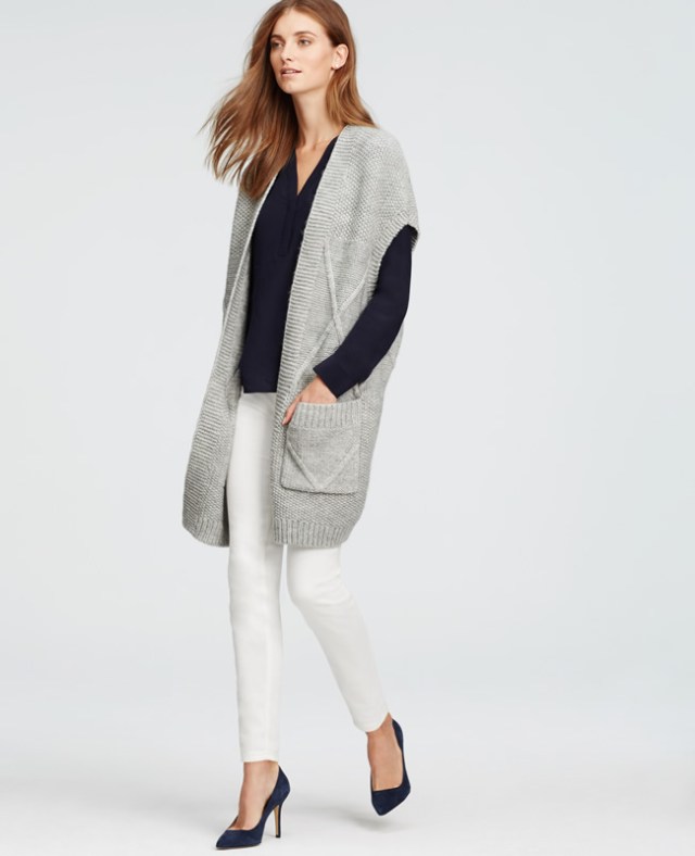 long sleeveless cardigan with gray shoulder