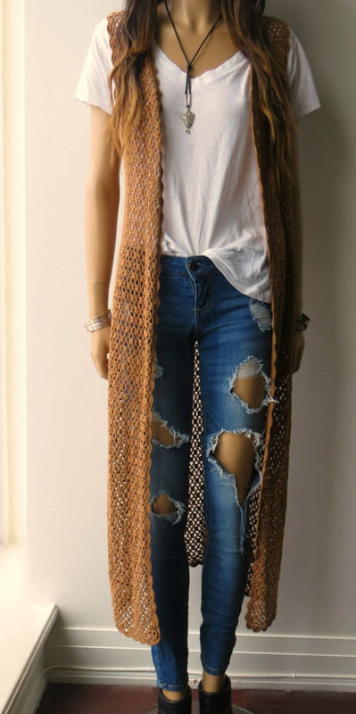 long sleeveless crochet cardigan outfit