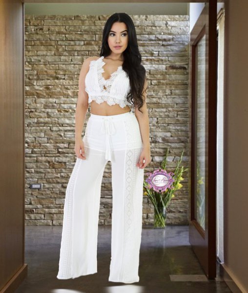 Lace bralette with white semi-sheer wide-leg beach pants