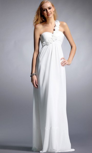 white floor length dress with sweetheart neckline and straps