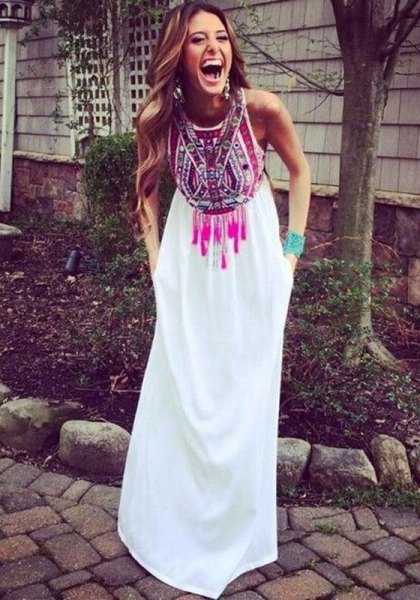 white maxi dress with tribal print
