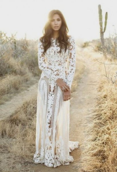 White Long Sleeve Flowy Lace Dress