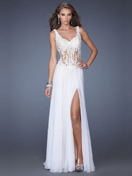 White lace and chiffon high split dress