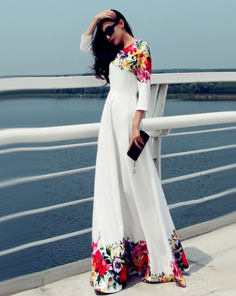 Three quarter length white floral print maxi dress