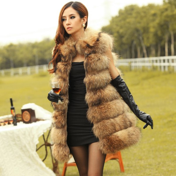 black bodycon mini dress with long brown faux fur vest