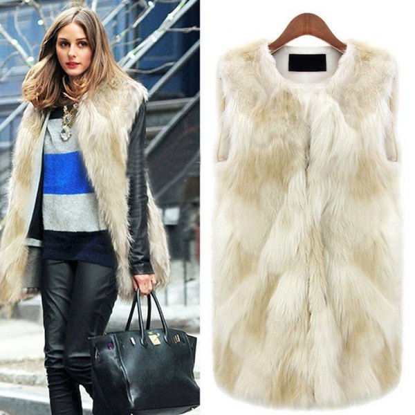 white long fur vest with blue and gray block sweater