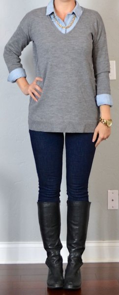 gray v-neck sweater and black leather knee high boots