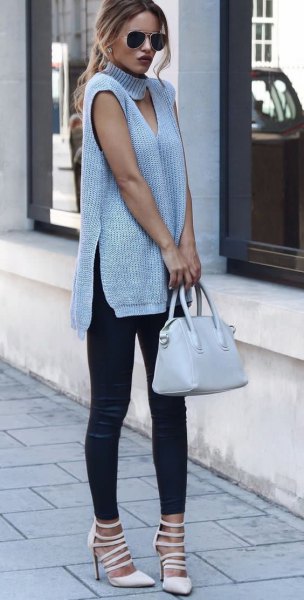 gray sleeveless tunic sweater with turtleneck and boots
